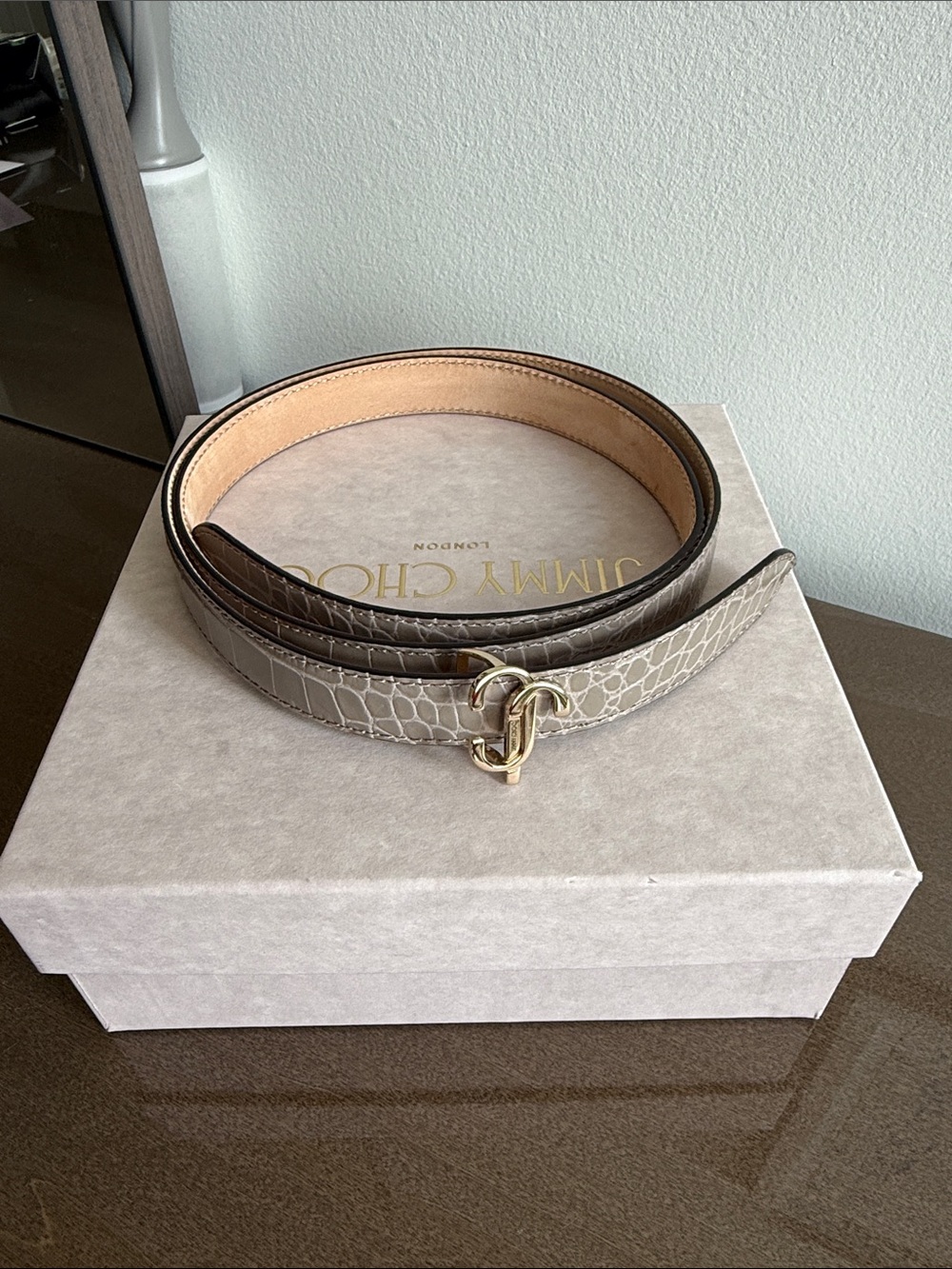 Jimmy Choo authentic women’s Taupe Croc-Embossed Leather Belt with Gold Buckle